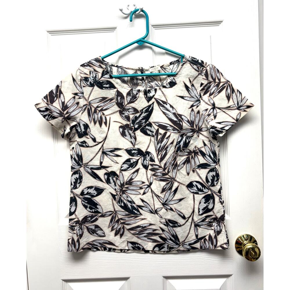 J.Crew Top Linen Cotton Blend Short Sleeve Crew Neck Cream Brown Floral Size S